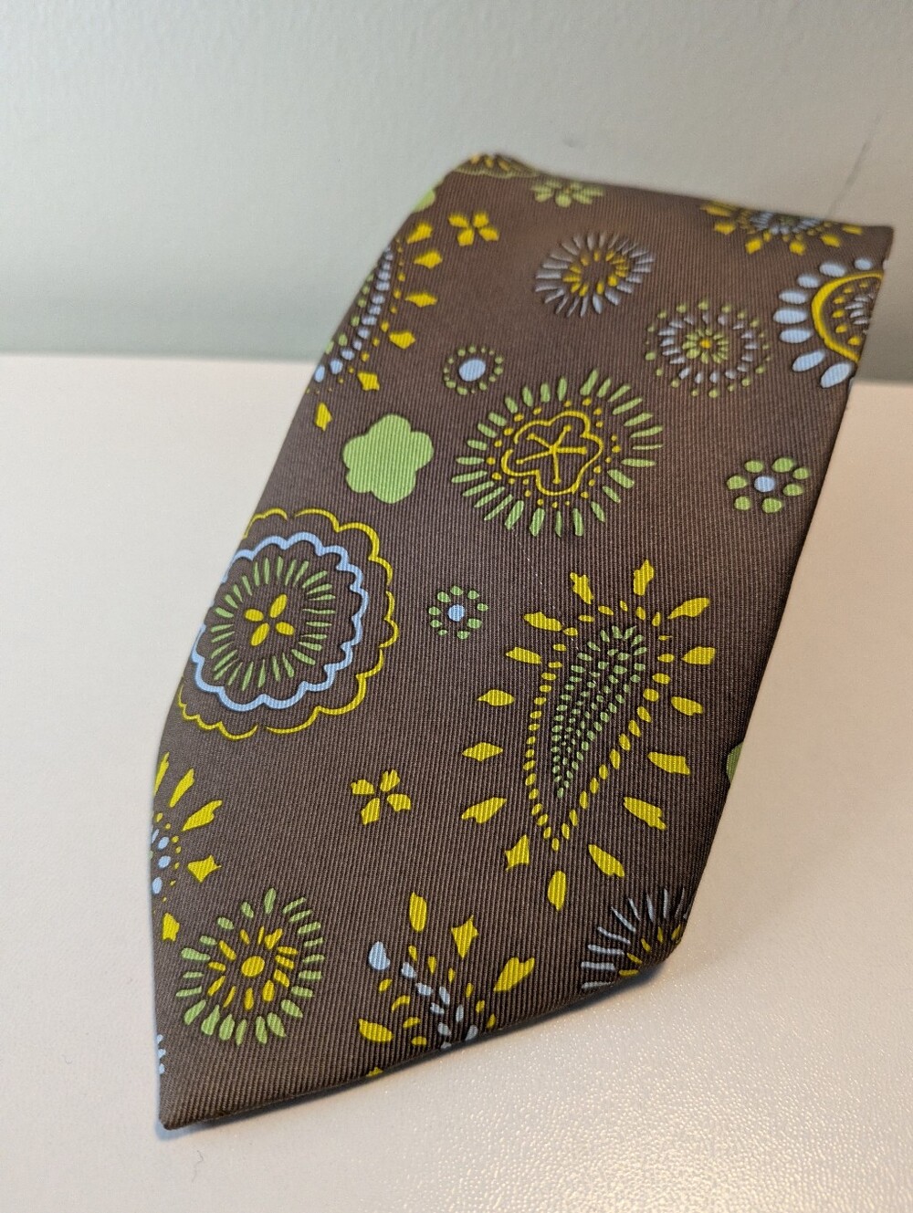 J. McLaughlin Brown Silk Tie Blue Yellow Green Floral Abstract Print Men's